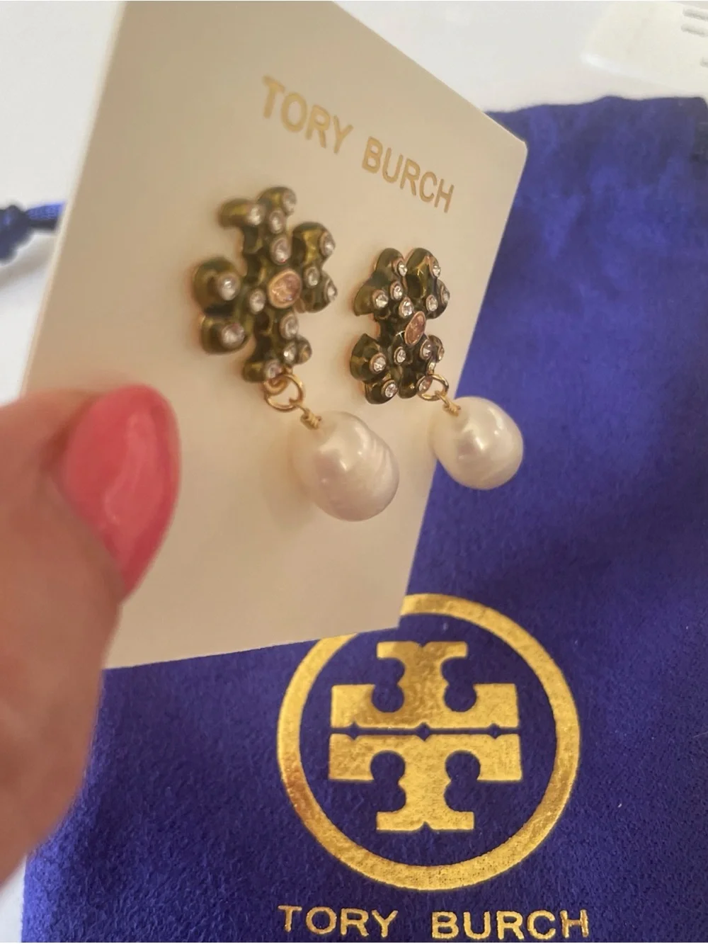 Tory Burch Gold Crystal Floral Earrings with White Pearl Drops